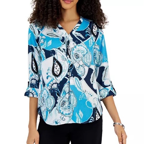 New Petite Printed Henley-Neck 3/4-Sleeve Top, Created for Macy's - Picture 1 of 4